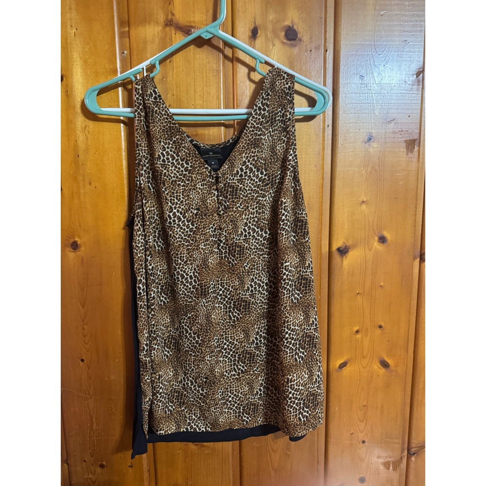 Worthington Womens Leopard Print Mixed Media Sleeveless V-Neck Blouse M